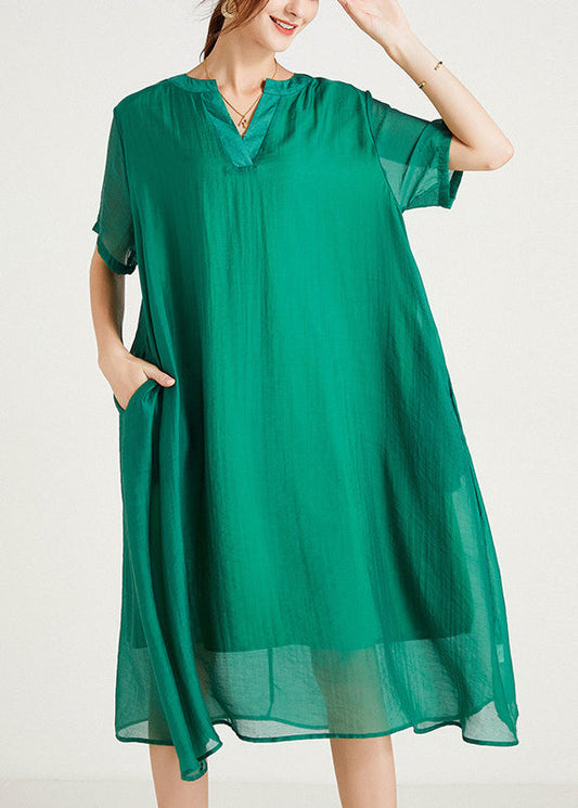 Green V Neck Cotton Dresses Summer