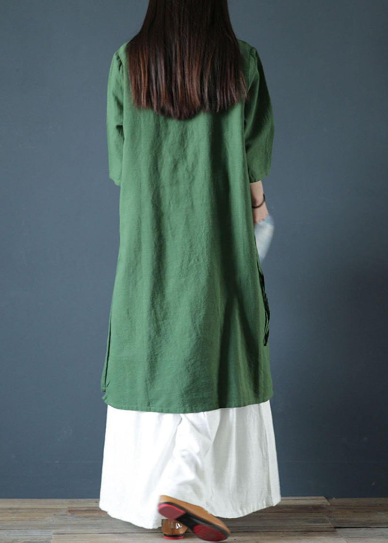 Natural Green Linen Dresses O Neck Side Open Cotton Dress