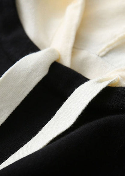 Modern Black Hooded Knit Sweater Tops Winter