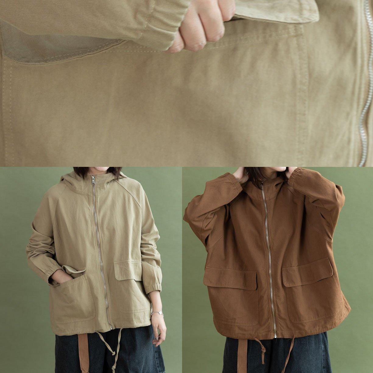 Art Khaki Drawstring Clothes for Design Hooded Fall Short Jackets