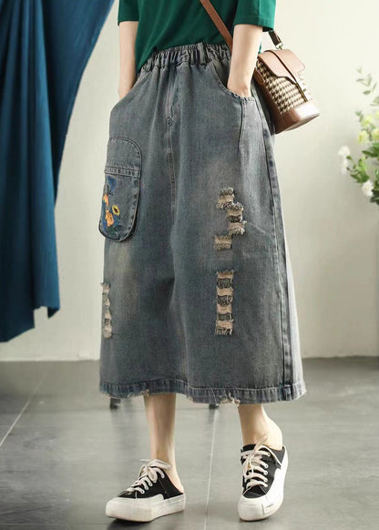 Light Blue Embroideried Patchwork Cotton Long Skirt Summer
