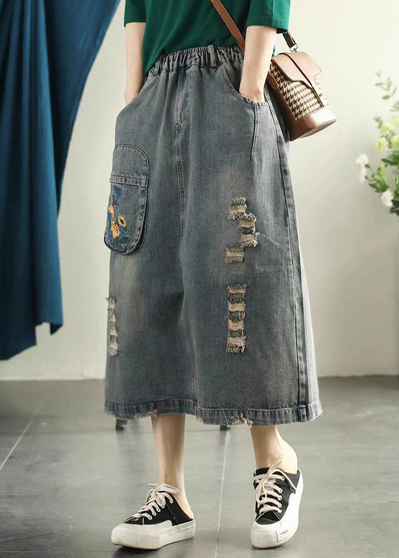 Light Blue Embroideried Patchwork Cotton Long Skirt Summer