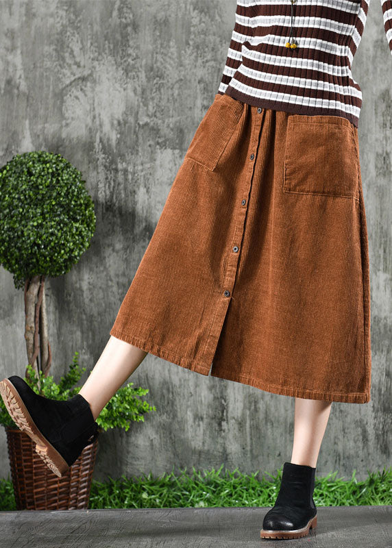 Stylish Khaki High Waist Big Pockets Corduroy a Line Skirt Winter