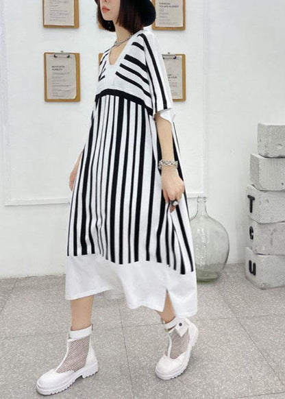 White Striped Cotton Dress V Neck Summer Long Dresses