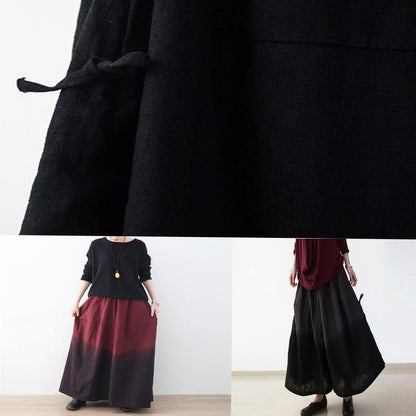 Black Retro Drawstring Folds Gradient Loose Large Size Wide Leg Pants Thick Cotton Linen Skirt Pants