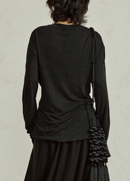 Black O-neck Tie Waist Tops Fall