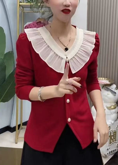 Red Ruffled Button Knit Tops Long Sleeve