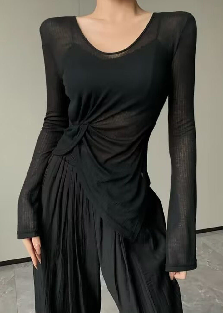 Beige Asymmetrical Wrinkled Ice Silk Yoga Top