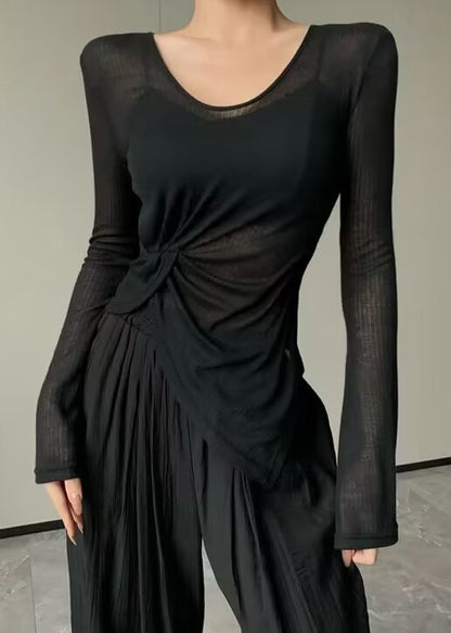 Beige Asymmetrical Wrinkled Ice Silk Yoga Top
