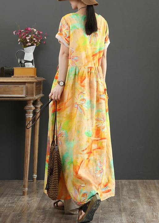 O Neck Drawstring Cotton Linen Summer Clothes Purple Print Dress