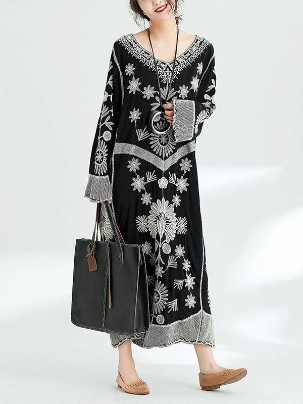 French Black Print V Neck Baggy Chiffon Robes Spring Dresses