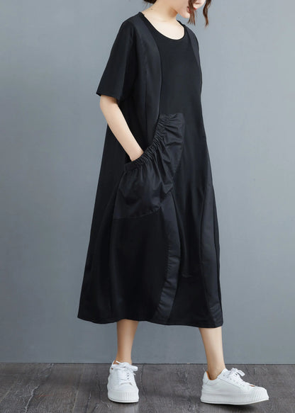 Black O-neck Big Pocket Patchwork Long Dress Short Sleeve