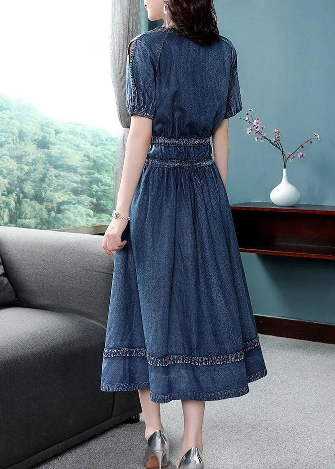 Blue V Neck Patchwork Cotton Denim Pleated Cinch Dress Short Sleeve