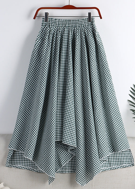 Green White Plaid Asymmetrical High Waist Cotton a Line Skirt Fall