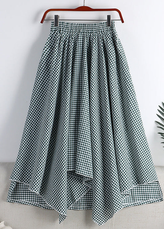 Green White Plaid Asymmetrical High Waist Cotton a Line Skirt Fall
