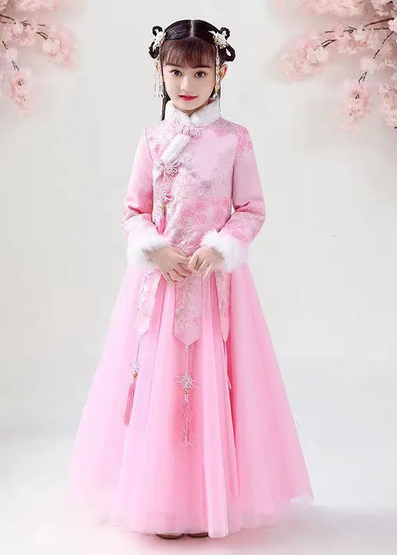 Style Pink Embroideried Warm Fleece Coats and Tulle Maxi Skirts Two Pieces Set Long Sleeve