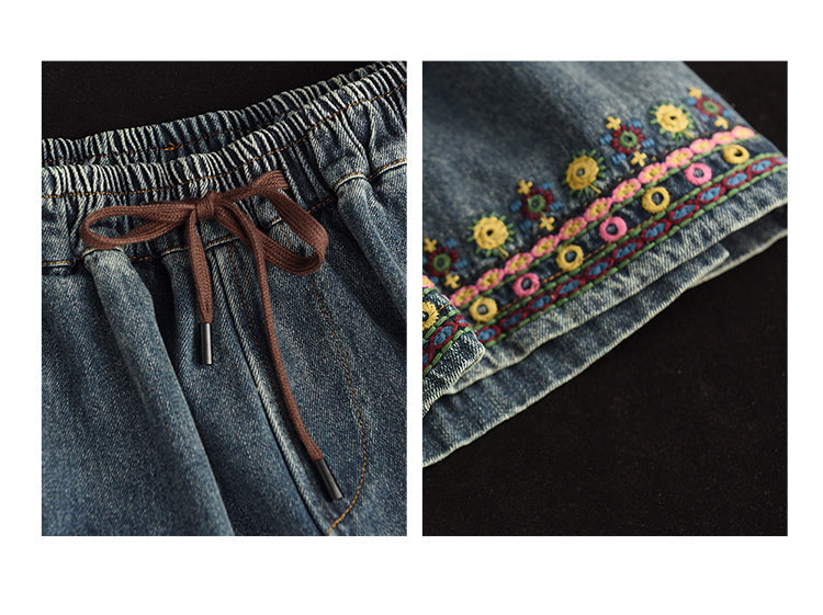 Embroidered Ripped Denim Slim A-line Skirt