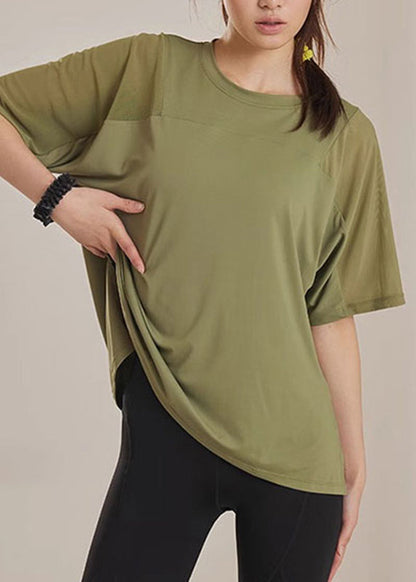 Army Green Patchwork Side Open Yoga Tops Summer