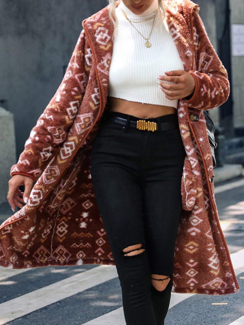 Coats Geometric Print Single Breasted Hood Plush Coats