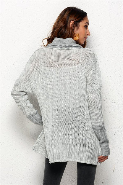 Spliced Turtleneck Loose Pullover Sweater - Black