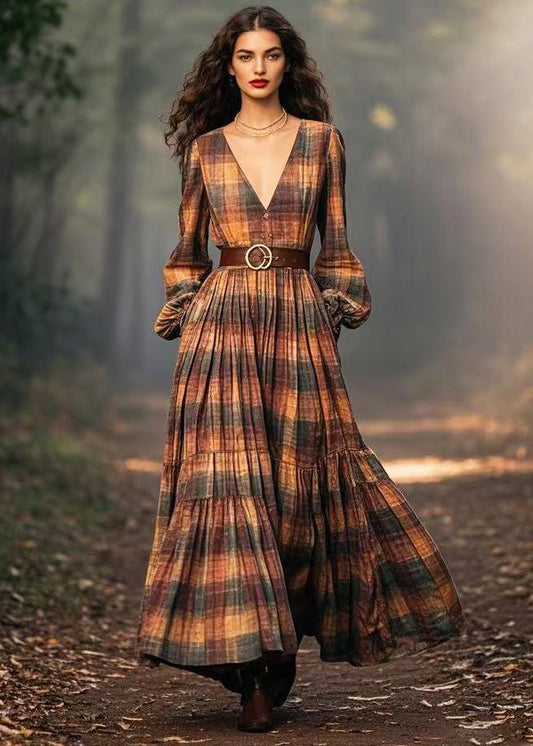 Brown Plaid Exra Large Hem Cotton Cinched Dresses Spring
