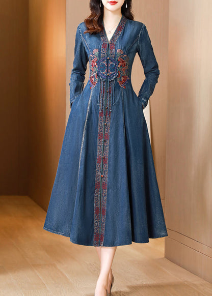 Blue V Neck Embroidered Patchwork Denim Dresses Fall