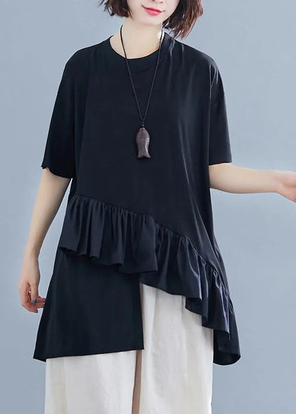 Black Cotton Clothes for Ruffles Asymmetric Midi Summer Blouses