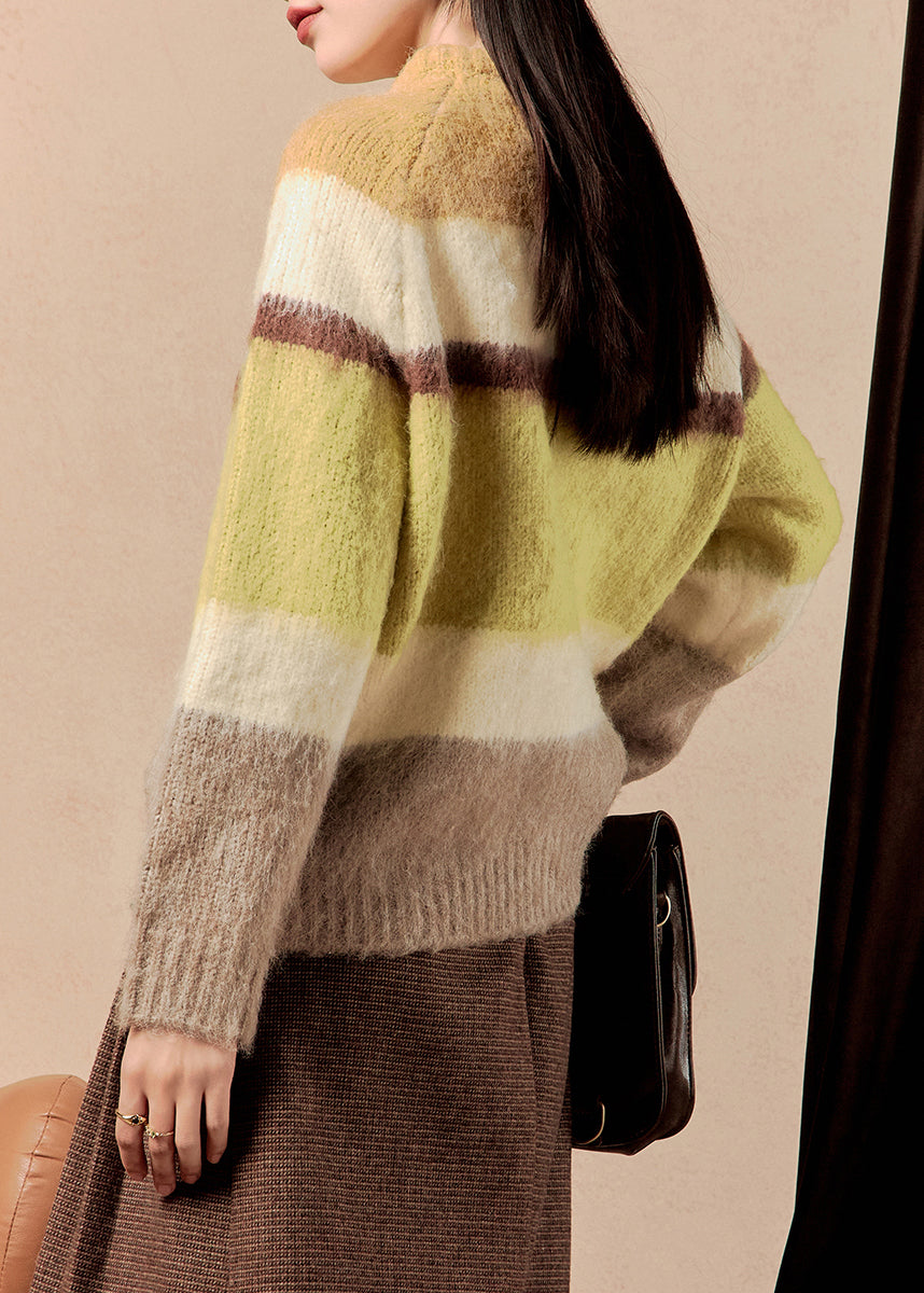 Yellow Striped Button Patchwork Cotton Knit Sweaters Winter