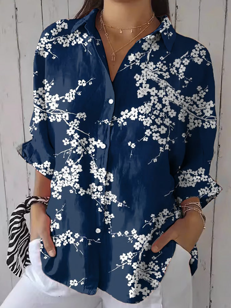 Women's Casual Vintage Blue Floral Art Print Shirt elevenforest