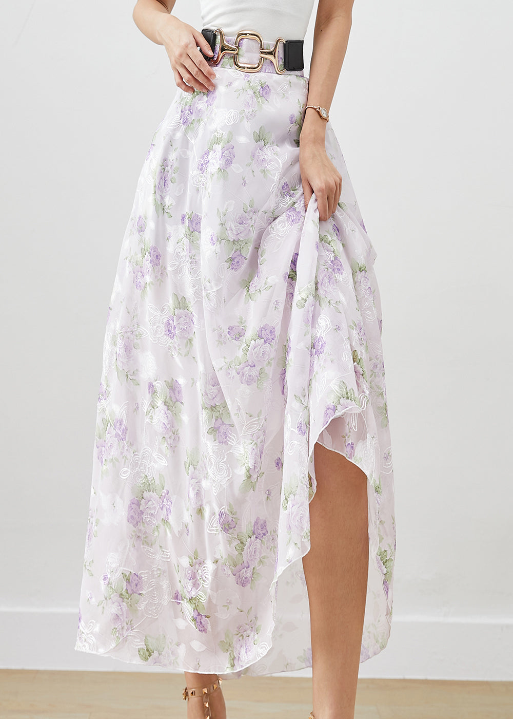 Purple Print Chiffon a Line Skirts Fall