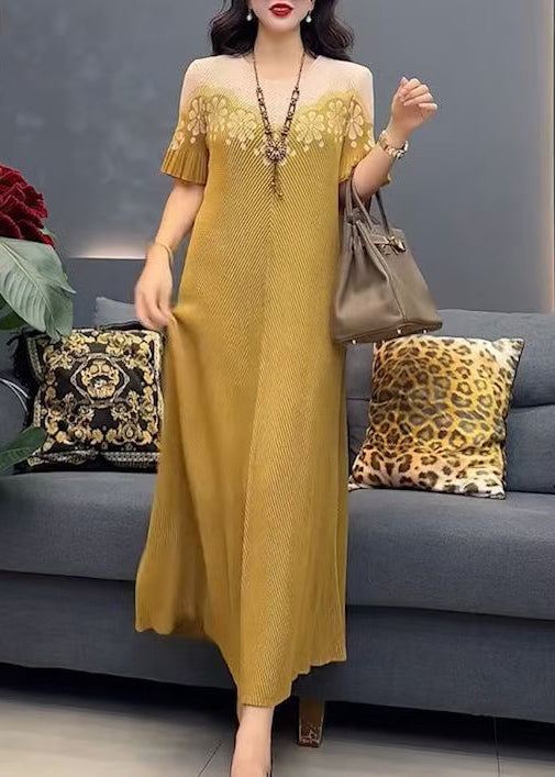 Stylish Yellow O-neck Print Cotton Long Dress Summer