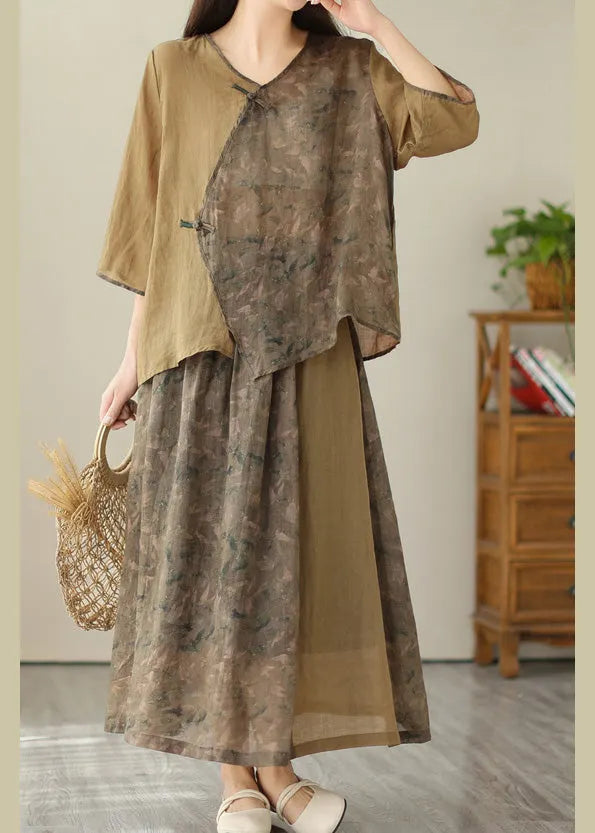 Khaki Print Linen Top and a Line Skirts Two Pieces Set Summer