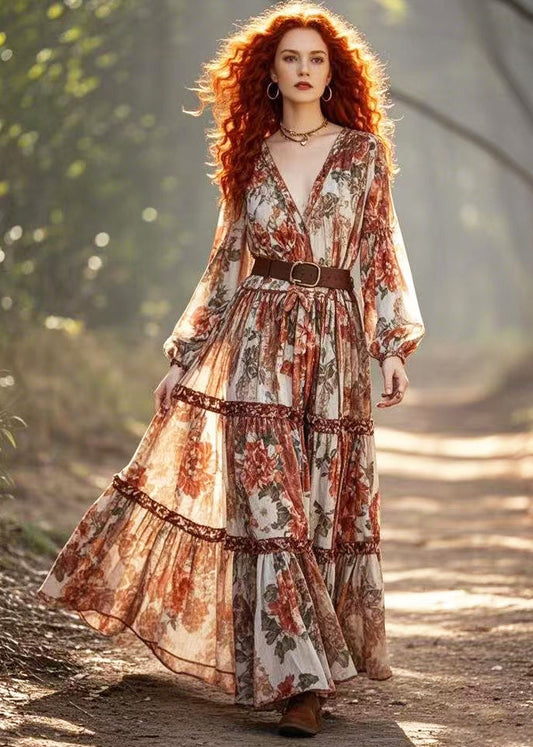Brick Red Cinched Print Cotton Holiday Dress Spring
