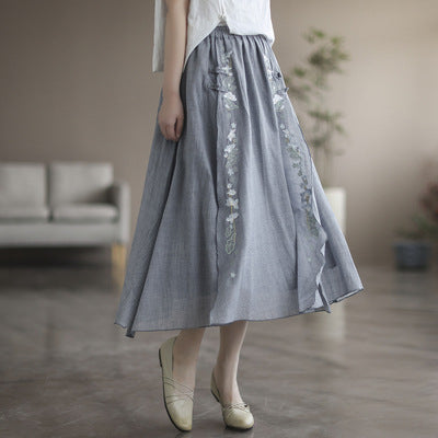 Double Cotton Linen Embroidered Buckle A-line Skirt