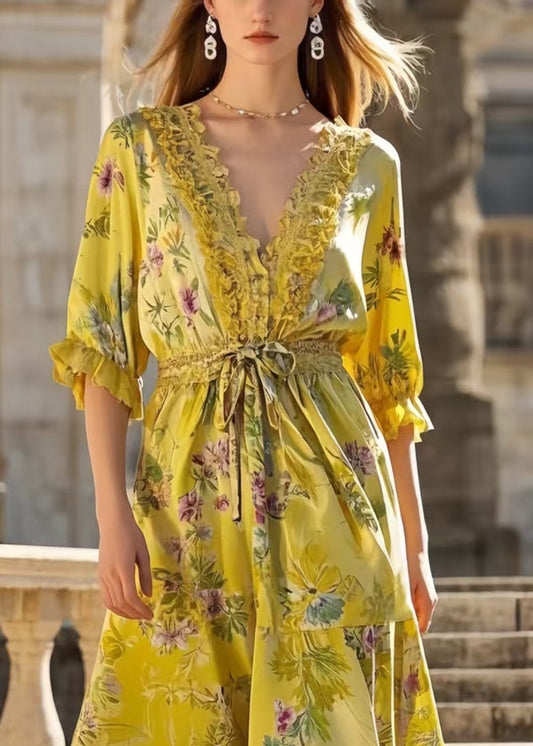 Yellow Ruffled Print Silk Tunic Dress Summer