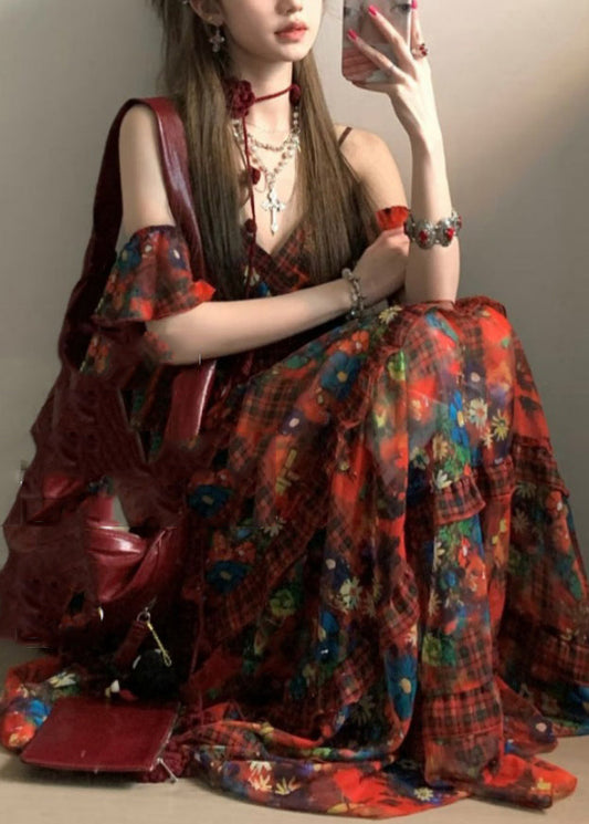 Red V Neck Print Holiday Long Dresses Summer