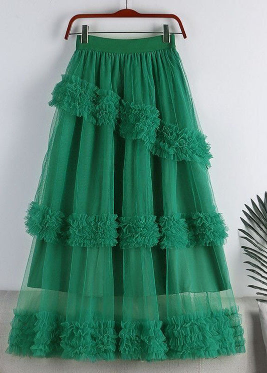 Green High Waist Ruffled Tulle a Line Skirt Spring