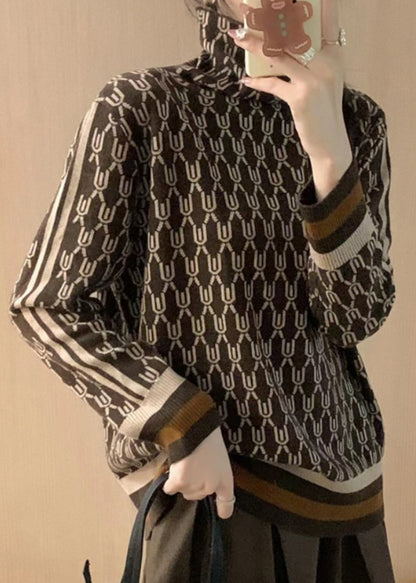 Coffee Striped Print Patchwork Woolen Sweaters Fall