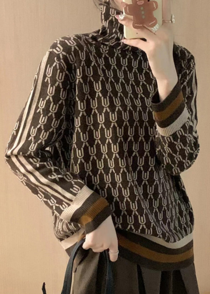 Coffee Striped Print Patchwork Woolen Sweaters Fall