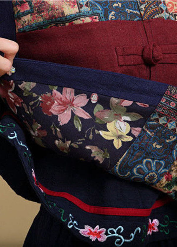 Blue Hooded Patchwork Oriental Button Linen Jacket Fall