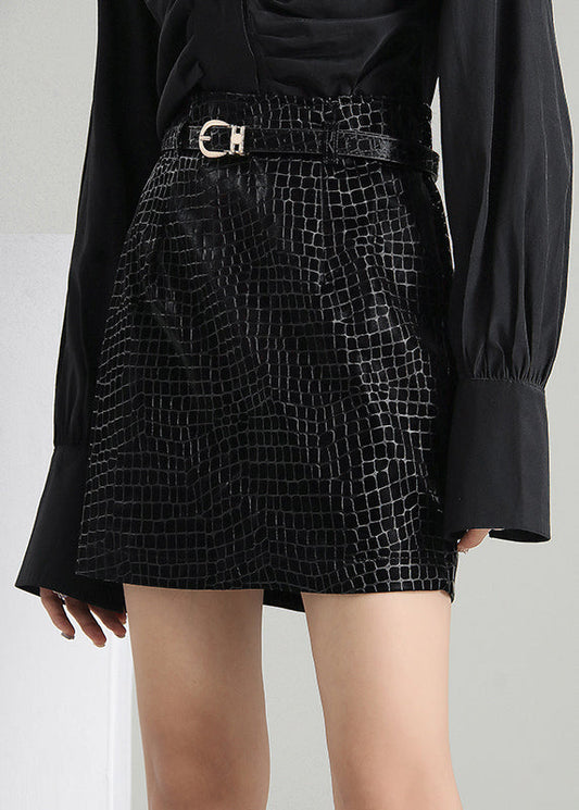Black Zip Up Wrinkled Faux Leather Skirts Spring