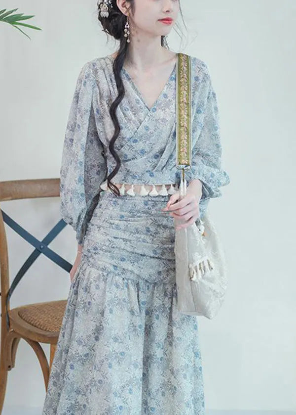 Blue V Neck Print Top and Skirts Two-piece Set Fall