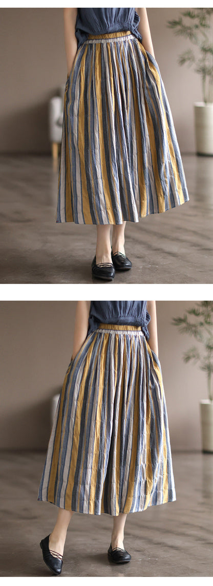 Literary Colorblock Striped A-line Skirt