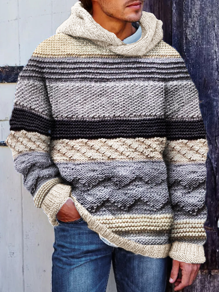 Men's Retro Colorblock Jacquard Patchwork Cozy Hooded Sweater artswardrobe