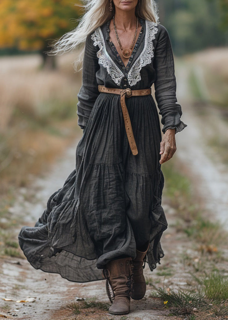 V Neck Lace Patchwork Cotton Long Sleeve Maxi Dress