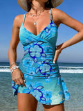 V-Neck Light Blue Ocean Hibiscus Art Print Suspender Skirt Tankini Pantskirt Set Swimsuit