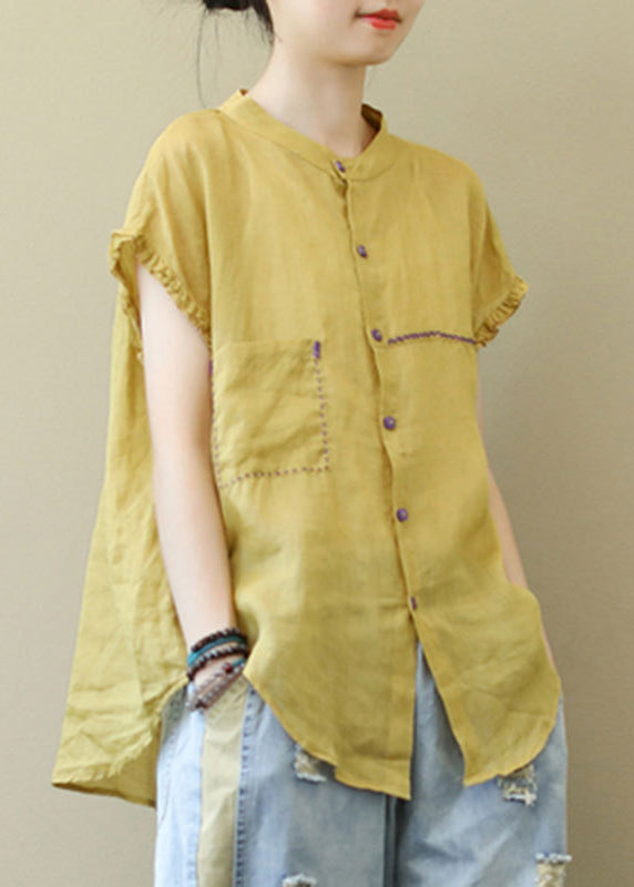 Modern Yellow Stand Collar Button Pockets Linen Blouse Top Short Sleeve