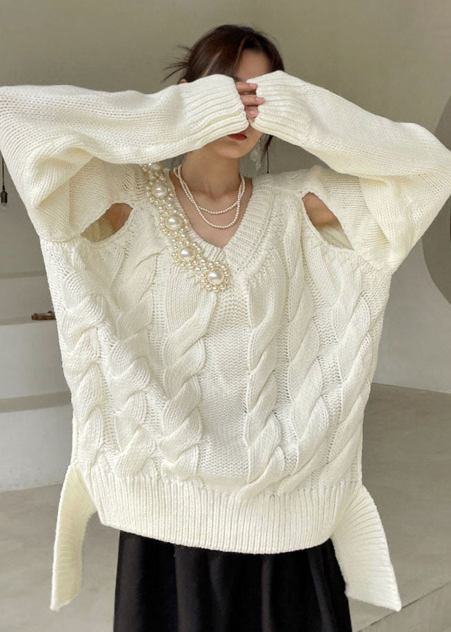 White V Neck Thick Knit Sweaters Winter
