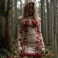 Comstylish Women's Vintage Halloween Skeleton Red Rose Art Cozy Knit Mini Sweater Dress