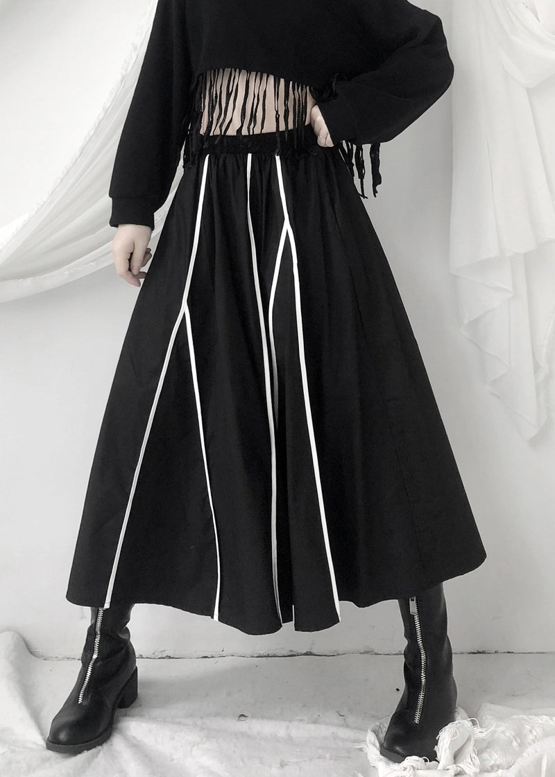 Black Striped Patchwork Pockets Elastic Waist Skirt Fall